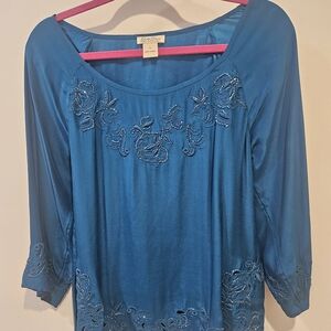 Lucky Brand Teal Embroidered Blouse